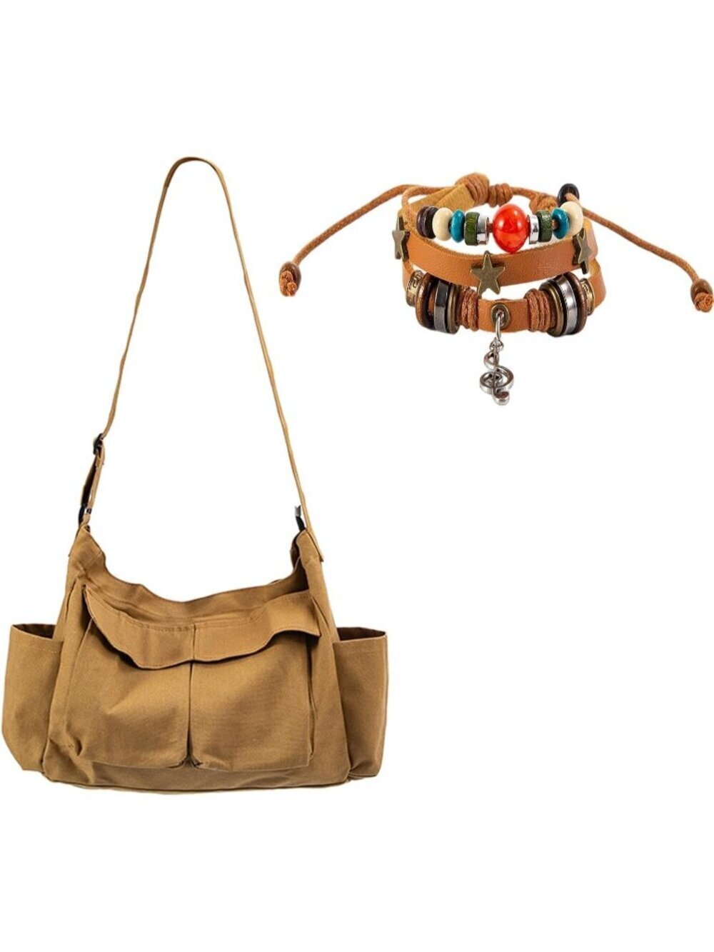 Women's Brown Grunge Bag Multiple Pockets Crossbody Shoulder Bag